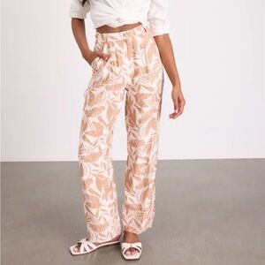 NWT Lulus Dominica Ivory and Tan Tropical Print Wide-Leg Pants XS